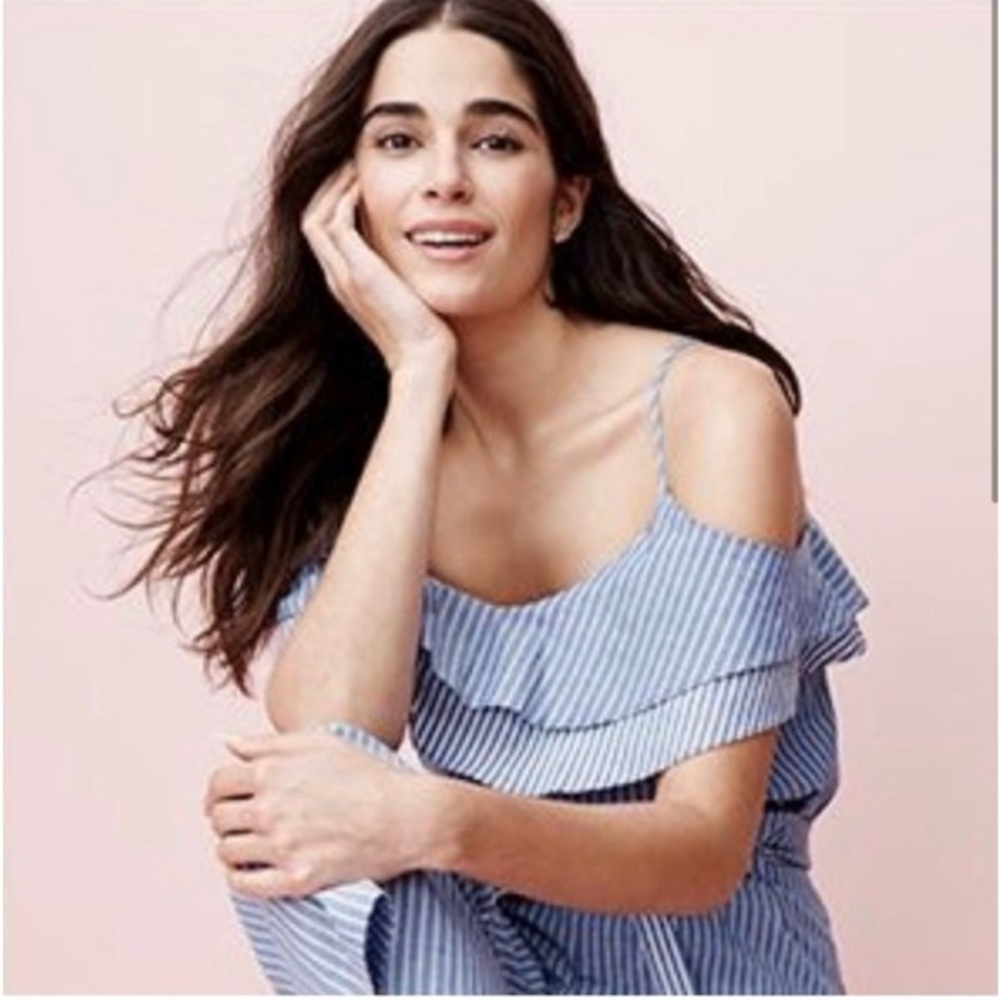 A New Day Adorable Blue/White Striped Off the Shoulder w Ruffle. Size XS